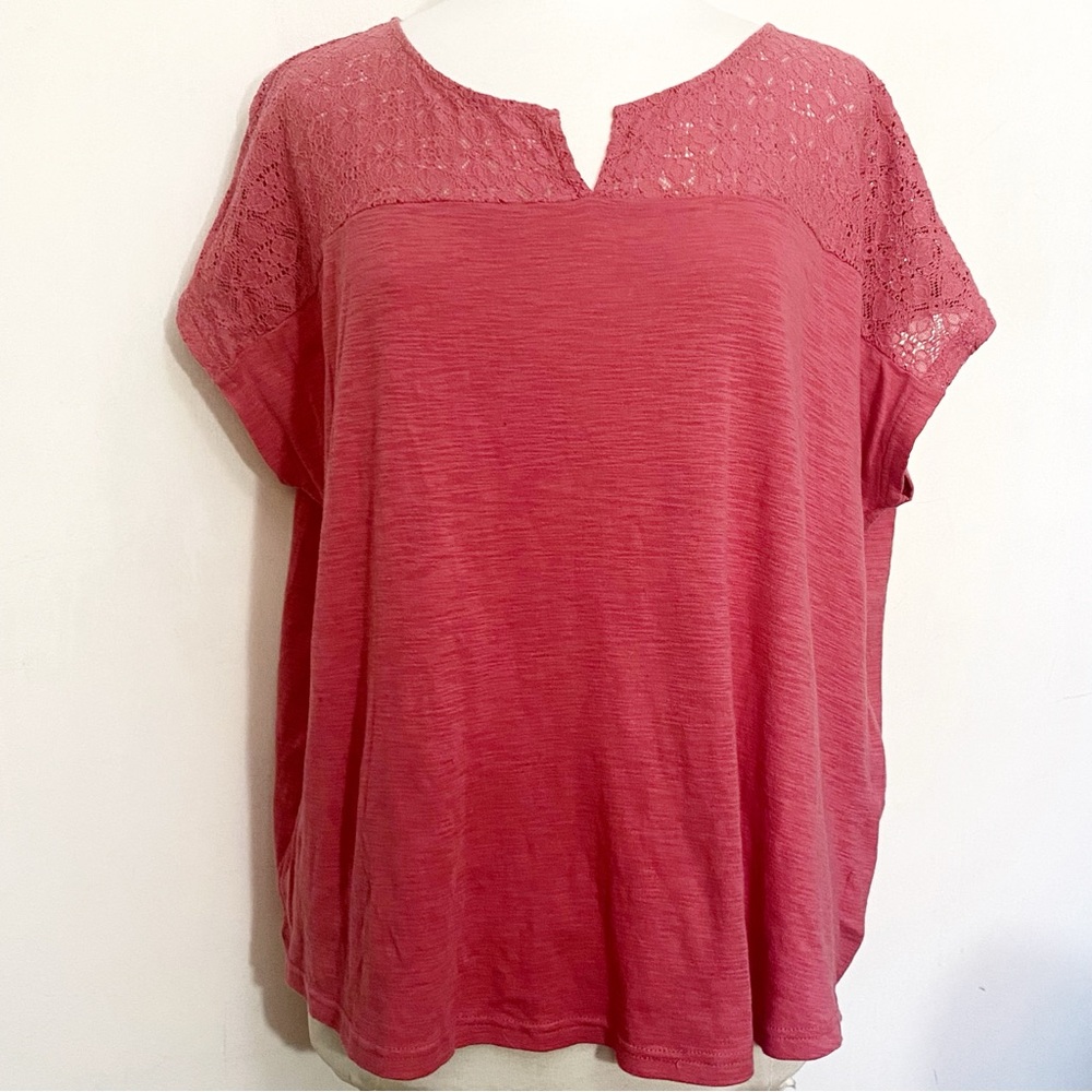 Chaps Rose Crochet Yoke Accent Gauzy Knit Short Sleeve Pullover Blouse Top 3X